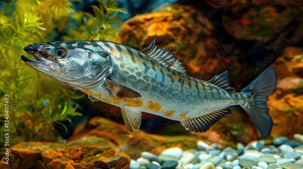 Naklejka premium Colorful freshwater fish swimming among vibrant aquatic plants and rocky substrate