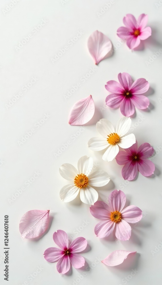Delicate flower petals scattered on white canvas, flowers white, natural, minimalist Delicate flower petals scattered on white canvas, flowers white, natural, minimalist