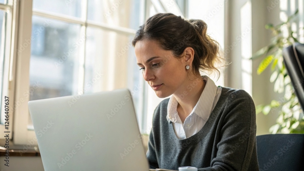 Woman Working on Laptop, Modern Office - Remote work Woman Working on Laptop, Modern Office - Remote work