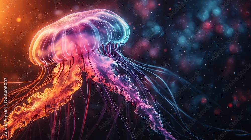 Glowing Neon Jellyfish with Vibrant Flowing Tendrils in Ethereal Cosmic Background Glowing Neon Jellyfish with Vibrant Flowing Tendrils in Ethereal Cosmic Background
