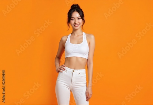 Slim woman in a white sport tank top, proudly posing with a smile, showcasing her slim waist and toned body against a bright orange studio background