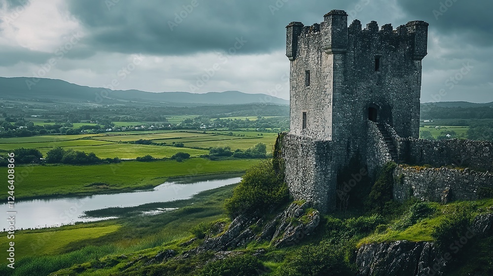 A medieval stone castle overlooking the surrounding countryside A medieval stone castle overlooking the surrounding countryside