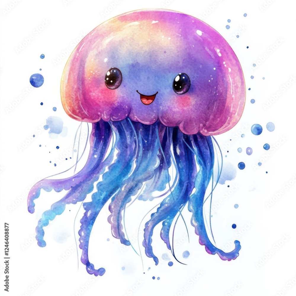 Playful Cartoon Jellyfish with Colorful Tentacles and Smiling Face Playful Cartoon Jellyfish with Colorful Tentacles and Smiling Face