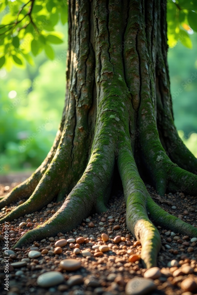 Roots and base of a large tree exposed to ground, pebbles, natural Roots and base of a large tree exposed to ground, pebbles, natural