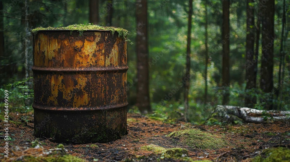 Fototapeta premium Abandoned Rusty Barrel Surrounded by Lush Forest and Moss