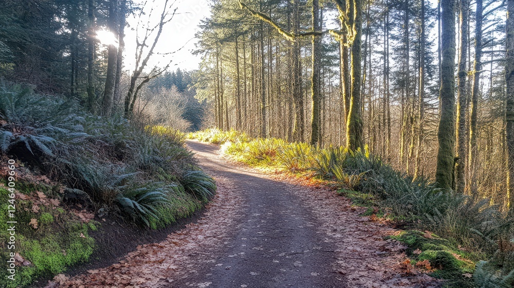 Obraz premium Sunlit Forest Path Winding Through Lush Greenery