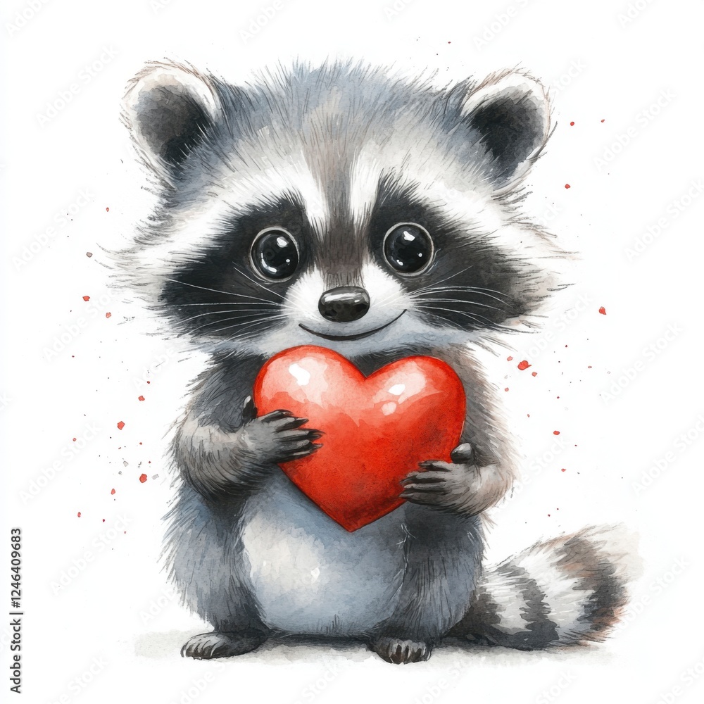 Cute cartoon raccoon holding a red heart in an adorable style Cute cartoon raccoon holding a red heart in an adorable style