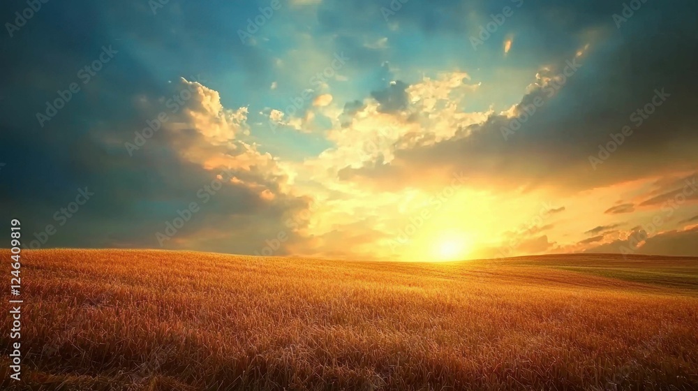 Golden Wheat Field Under Dramatic Sky at Sunset with Vibrant Colors Golden Wheat Field Under Dramatic Sky at Sunset with Vibrant Colors