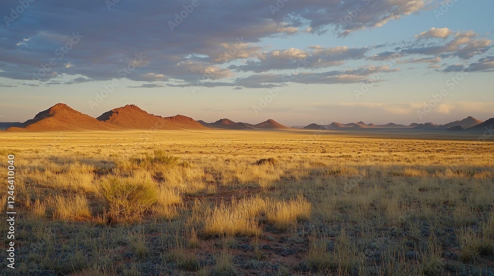 Fototapeta premium Expansive Desert Landscape at Sunset with Mountains in Distance