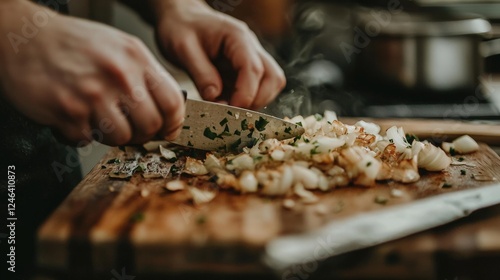 Chopping onions on a wooden cutting board
