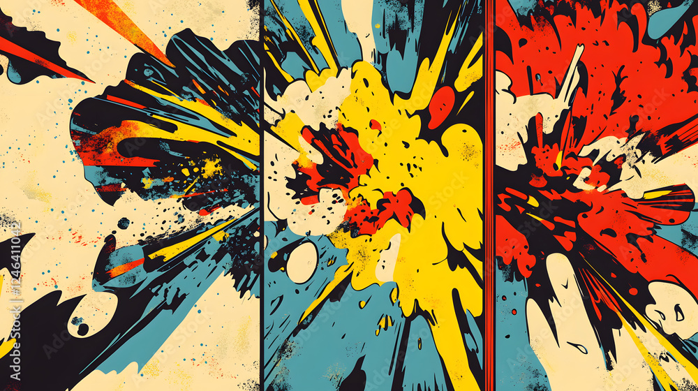 Fototapeta premium comic book-style background, explosion comic panels and pop art, vector illustration, flat design, halftone shading, bright colors