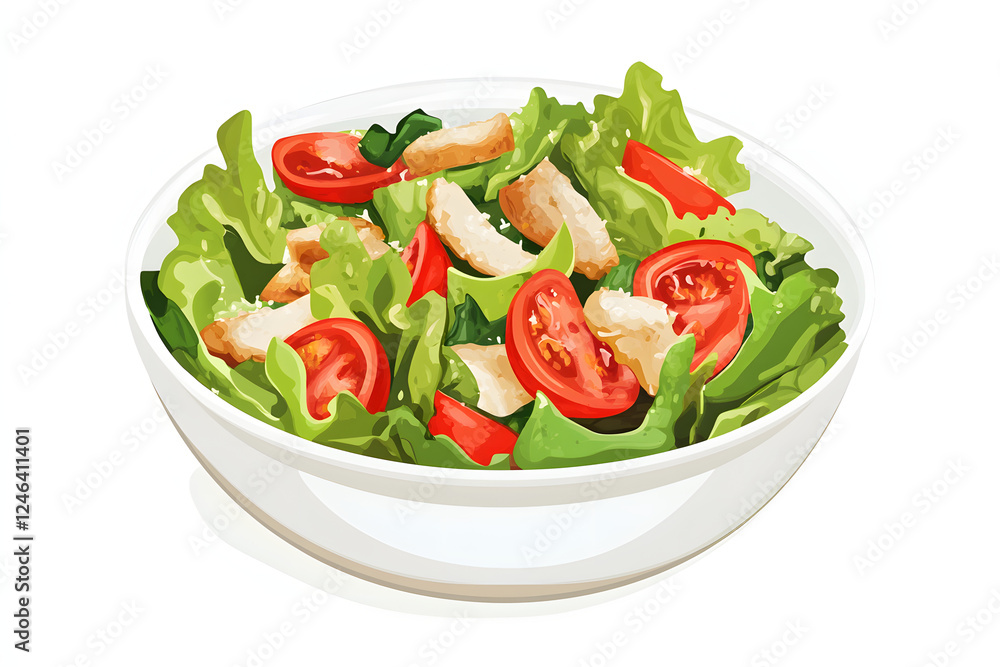 chicken salad with lettuce, tomatoes, and Parmesan croutons in a white bowl on an isolated background chicken salad with lettuce, tomatoes, and Parmesan croutons in a white bowl on an isolated background