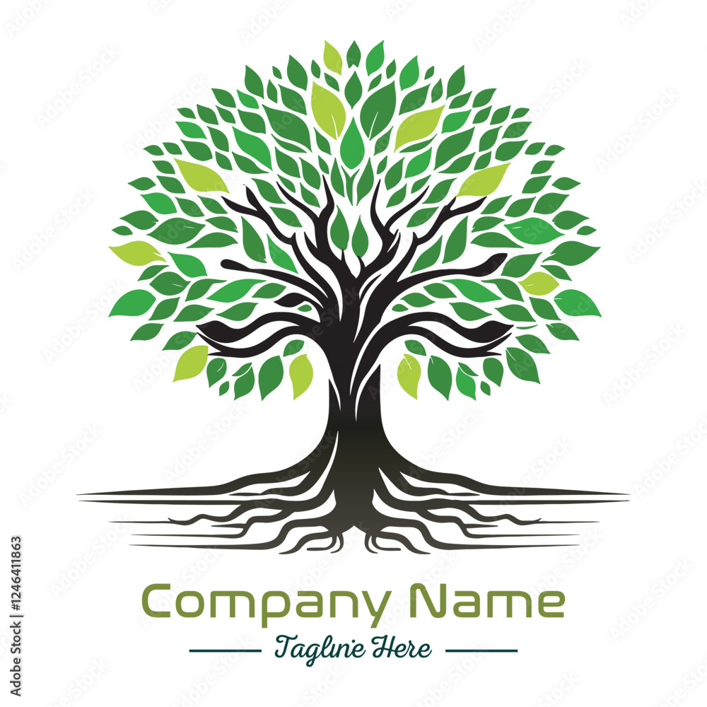 Obraz premium Beautiful green tree silhouette and vector design, minimalist business logo for tree icon on white background.