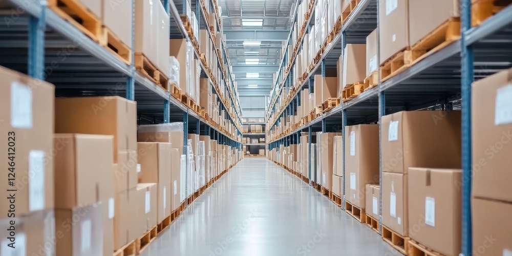 A spacious warehouse aisle lined with stacks of cardboard boxes on metal shelves, illuminated by bright overhead lights. A spacious warehouse aisle lined with stacks of cardboard boxes on metal shelves, illuminated by bright overhead lights.