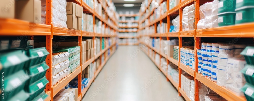 A well-organized warehouse aisle filled with neatly stacked boxes and products on shelves, showcasing efficient storage and inventory management. A well-organized warehouse aisle filled with neatly stacked boxes and products on shelves, showcasing efficient storage and inventory management.