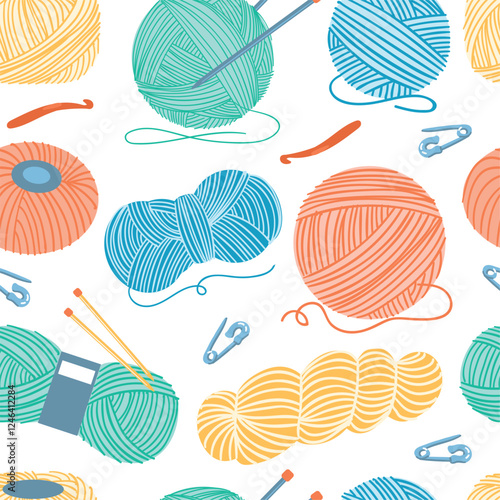 Wool balls seamless pattern. Knitting needles with color threads. Pins and hooks for crochet. Workshop repeated print with handcrafted elements. Yarn skeins. Splendid vector background