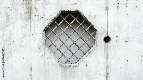 A concrete wall with a hole with a rebar lattice. Concrete wall with a hole in the concept of prohibition and no freedom. photo