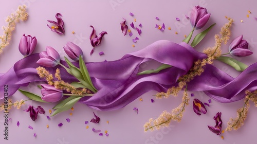 Elegant Purple Tulips and Silk Ribbon Arrangement Floral Design Spring Flowers Romantic Background