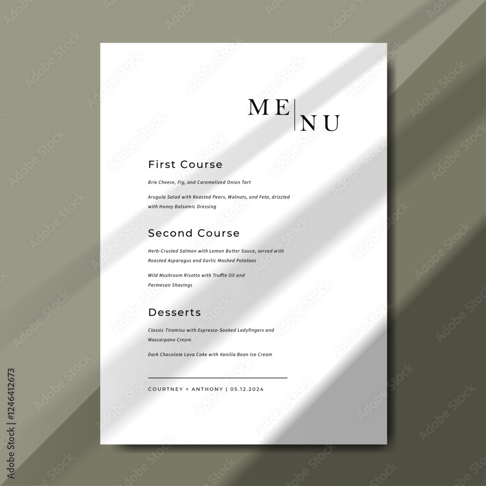 Fototapeta premium Wedding Menu Template with minimalist and modern design, perfect for dinner menu and elegant receptions. Template size 5