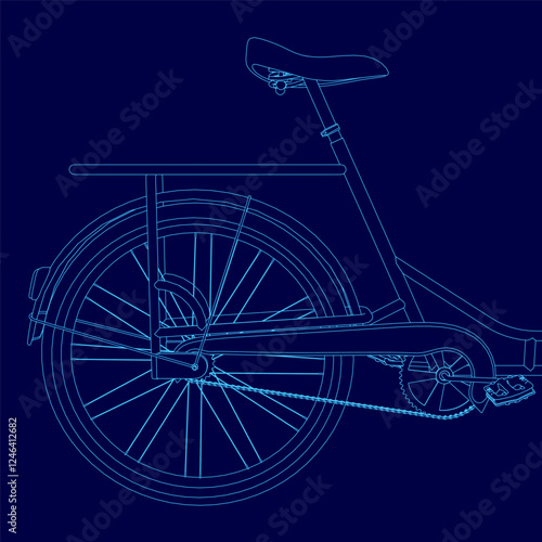 A blue drawing of a bicycle. The bike is shown from the back and the seat is visible