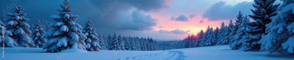 A tranquil winter scene with snow-covered evergreens and a darkening sky, frosty, quiet, darkening sky A tranquil winter scene with snow-covered evergreens and a darkening sky, frosty, quiet, darkening sky