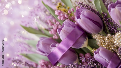 Elegant Purple Tulip Bouquet with Lavender and Gold Accents Close Up Floral Arrangement