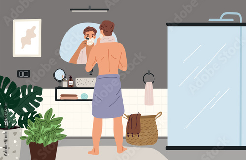 Man standing in bathroom and shaves. Guy looks in mirror. Male character cares for skin of face. Daily hygiene. Home restroom. Everyday routine. Removing bristle. Garish vector concept