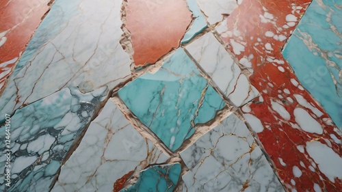 A mosaic of marble tiles in shades of turquoise, white, and reddish orange, with visible cracks and natural veining. photo