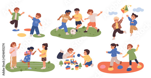 Cute children playing outdoor. Kids group games. Hopscotch and rubber bands. Active boys and girls running together with kite. Little friends. Toy blocks and train. Garish vector set