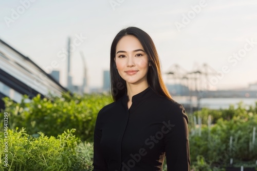 Modern urban gardener smiling confidently among fresh greens in a rooftop garden during golden hour photo