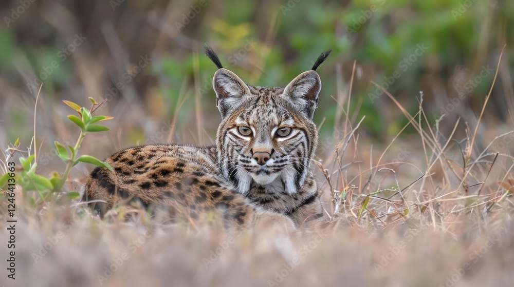 Fototapeta premium A close-up of a lynx resting in a natural habitat surrounded by grass and foliage