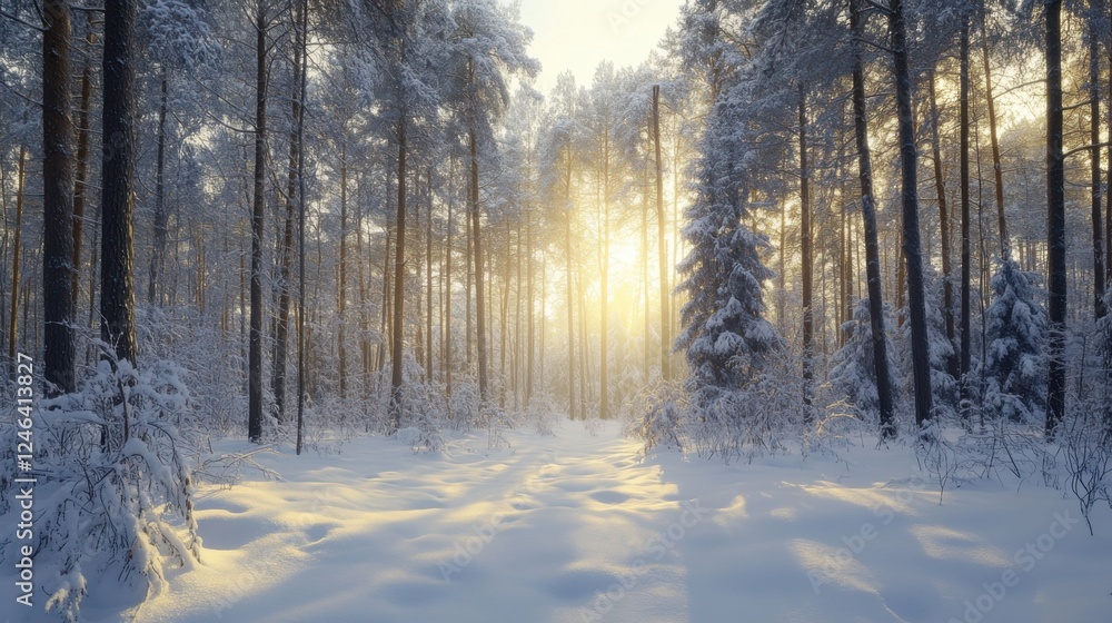 Winter forest, snow-covered trees, soft sunlight, ultra-detailed, 8K, frost, cold season, nature, scenic landscape, white snow, tranquil, frozen, seasonal, atmospheric, icy woods.