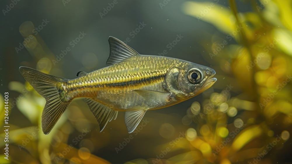 Fototapeta premium Underwater view of a shimmering fish swimming among lush aquatic plants in a serene habitat