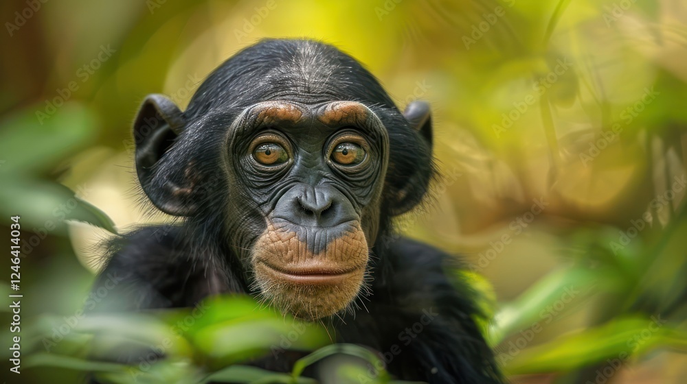 Close-up of a young chimpanzee surrounded by lush greenery, showcasing its expressive gaze in a natural habitat