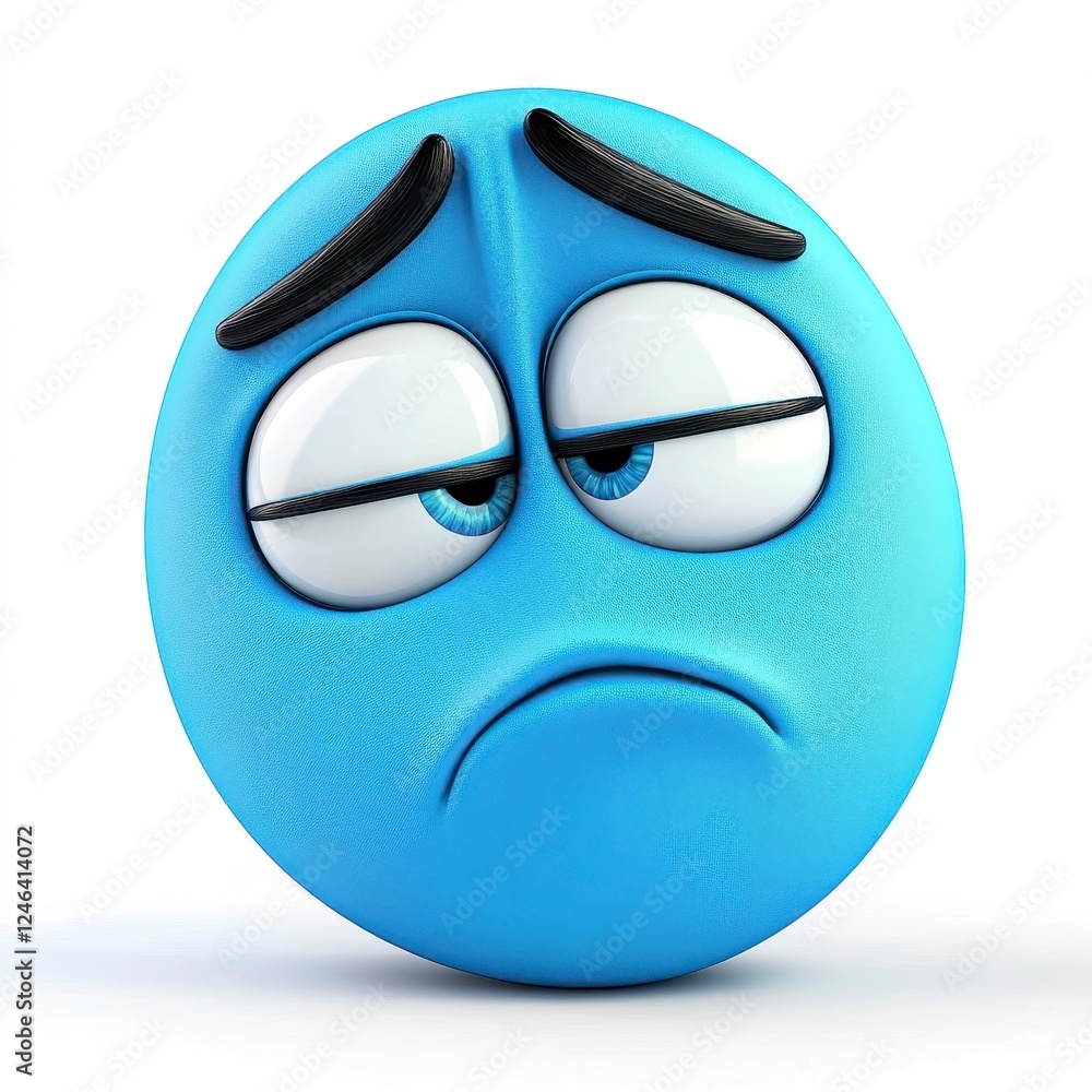 Sad Blue Emoji with Big Eyes and Frown Expression on White Background Sad Blue Emoji with Big Eyes and Frown Expression on White Background