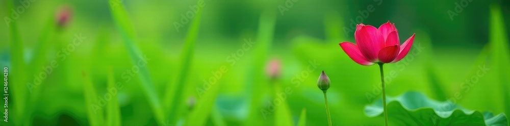 A small red lotus blooming among tall green grasses, green landscape, small blooms, solo blossom A small red lotus blooming among tall green grasses, green landscape, small blooms, solo blossom