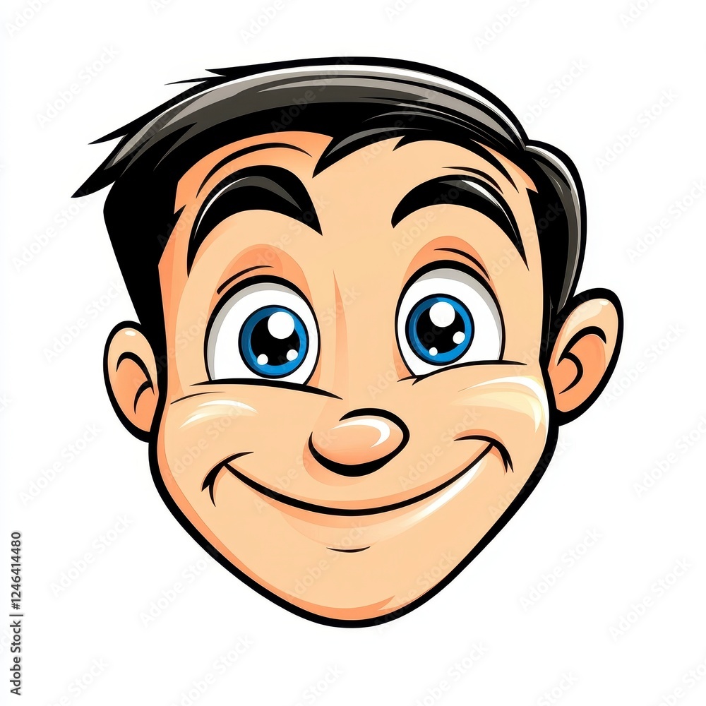 Joyful Cartoon Face of a Young Boy with Bright Blue Eyes and Smile Joyful Cartoon Face of a Young Boy with Bright Blue Eyes and Smile