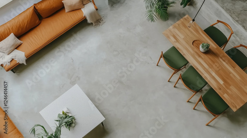 Top view on modern minimalist living and dining area, Scandinavian design in wood and porcelain tiles