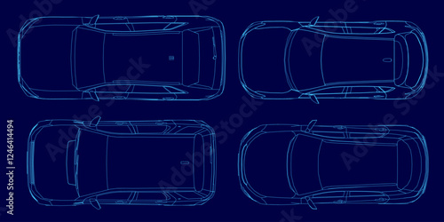 Four cars are shown in a blue color. The cars are in different positions and sizes. The image has a futuristic and sleek look to it. Top view