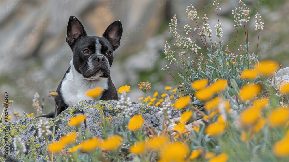 Fototapeta premium A black and white dog resting among vibrant wildflowers in a serene mountainous landscape
