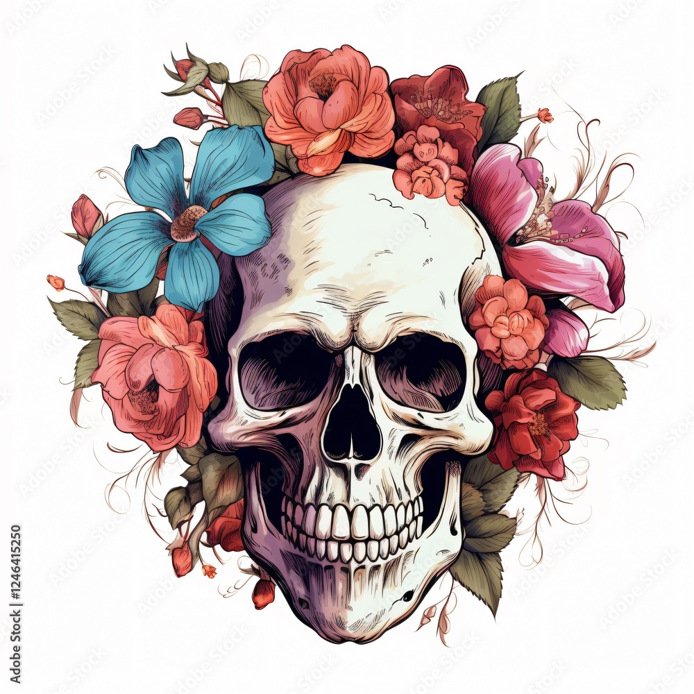 Fototapeta premium Floral Skull Clipart Isolated on White Background for Creative Designs