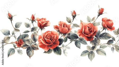 Watercolor Painting of Blooming Red Roses Elegant Floral Border Botanical Illustration