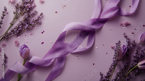 Elegant Lavender and Purple Ribbon Flatlay Floral Design with Tulips and Confetti