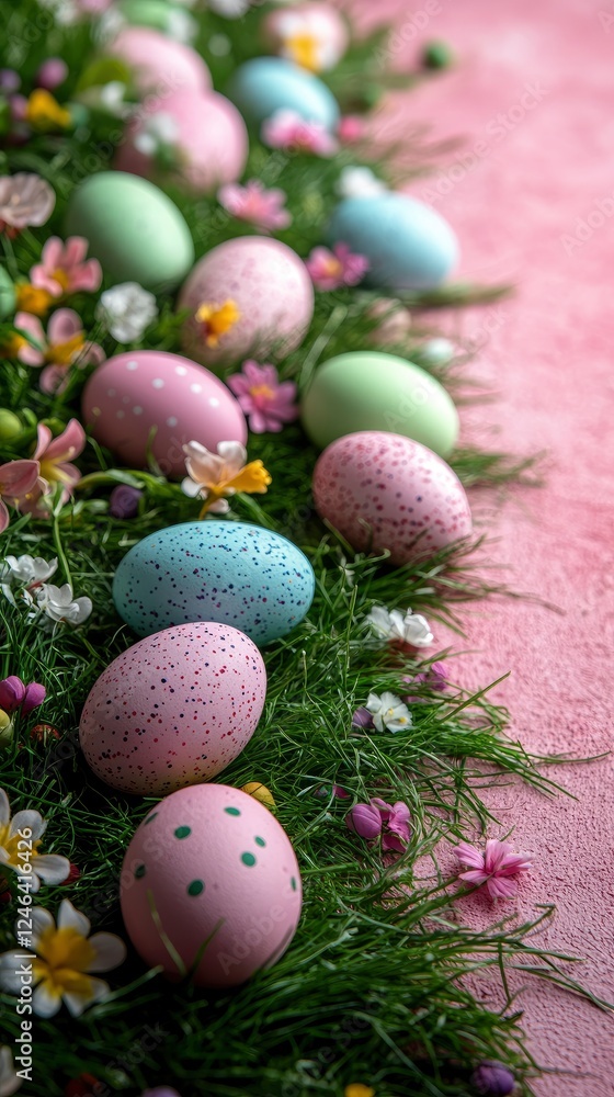 Minimalist Dragon Inspired Easter Eggs on Grass with Fresh Flowers and Soft Pink Background Minimalist Dragon Inspired Easter Eggs on Grass with Fresh Flowers and Soft Pink Background