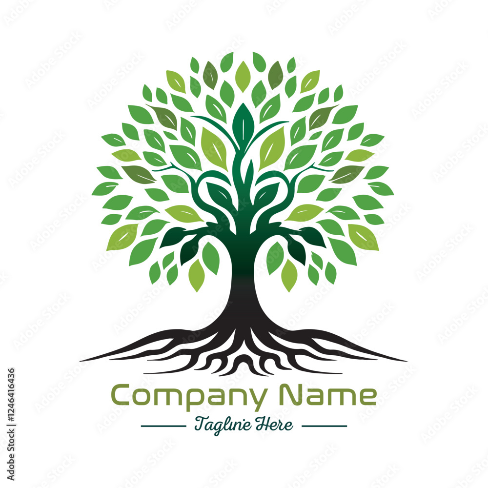 Obraz premium Beautiful green tree silhouette and vector design, minimalist business logo for tree icon on white background.