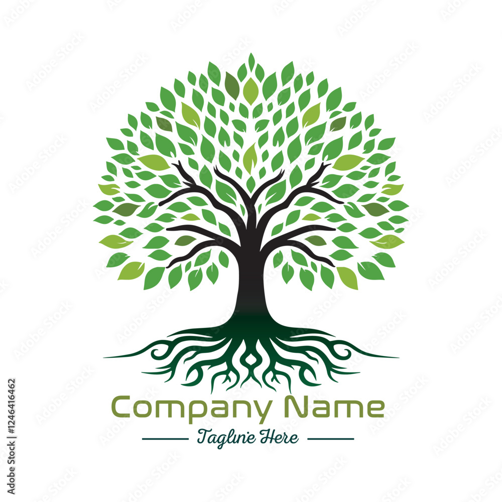 Obraz premium Beautiful green tree silhouette and vector design, minimalist business logo for tree icon on white background.