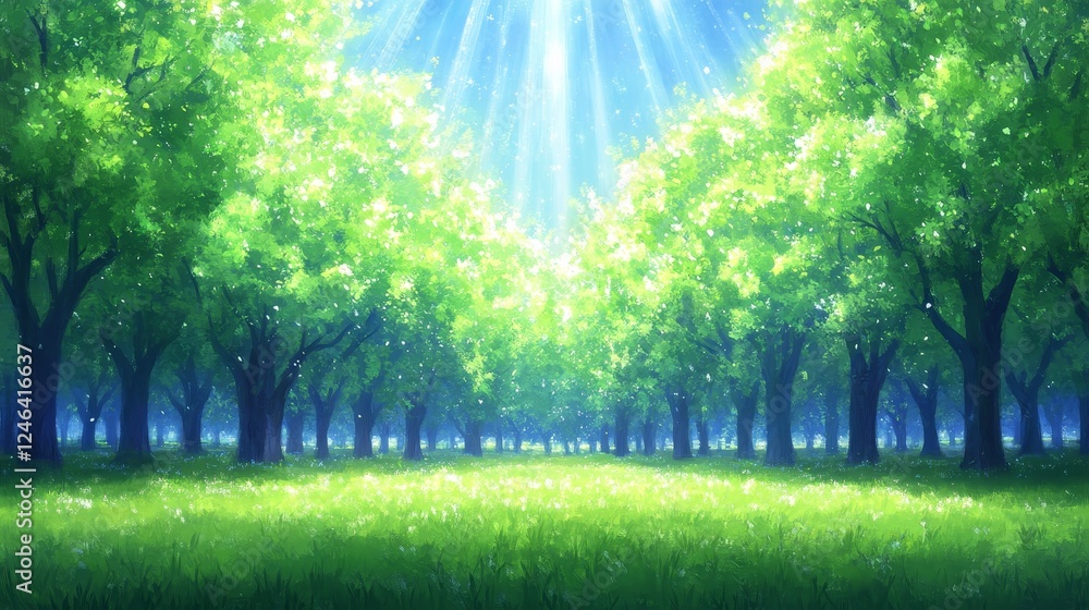 Fototapeta premium Sunlit Green Forest Pathway Peaceful Nature Scene