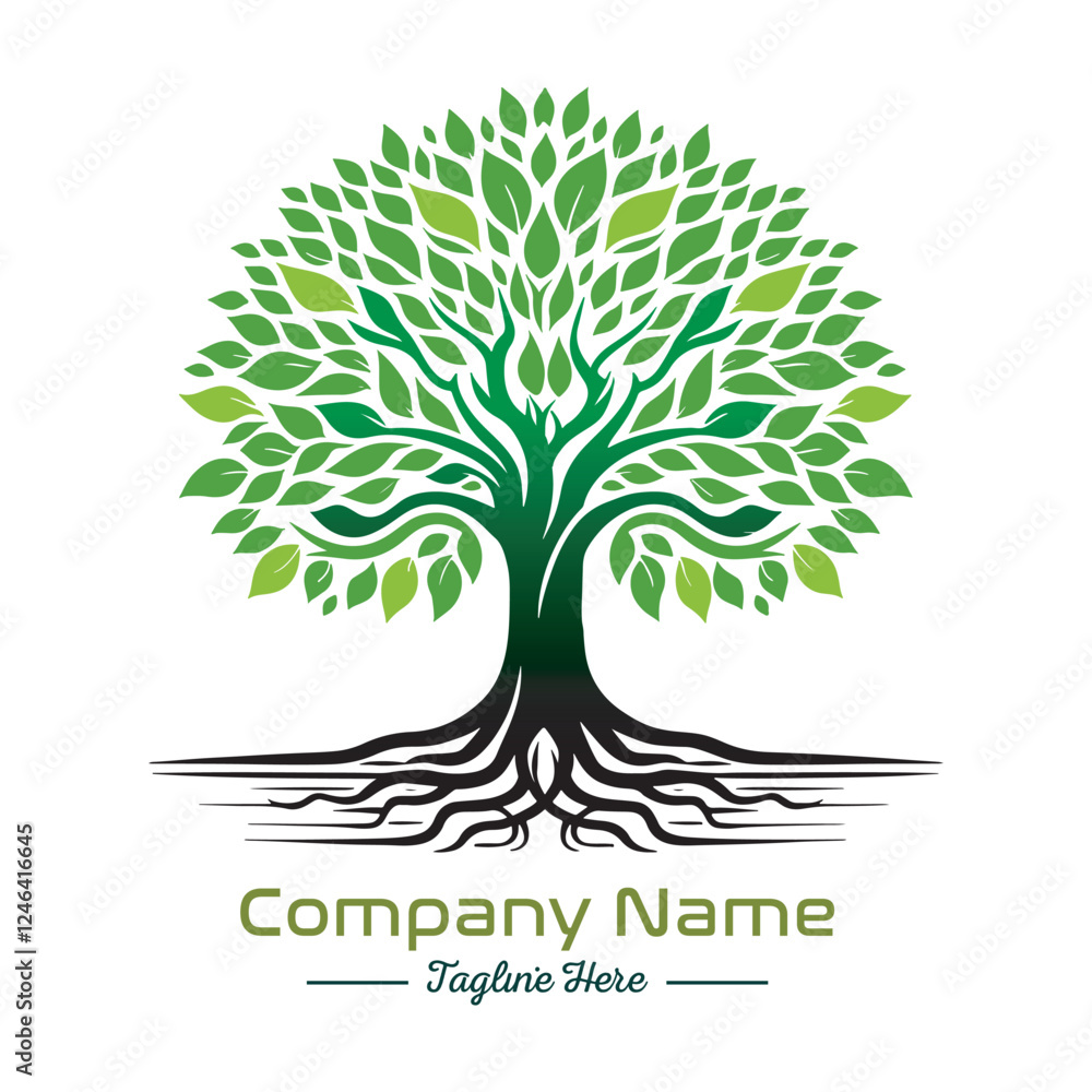 Obraz premium Beautiful green tree silhouette and vector design, minimalist business logo for tree icon on white background.