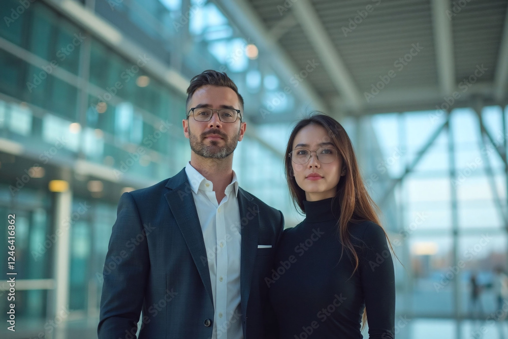 two individuals in industrial style setting airport or train station two individuals in industrial style setting airport or train station