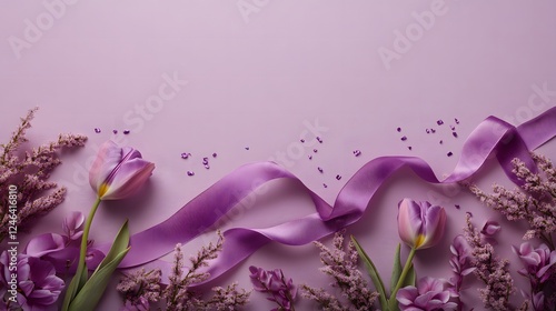 Elegant Purple Tulips Flowers and Ribbon on Lavender Background